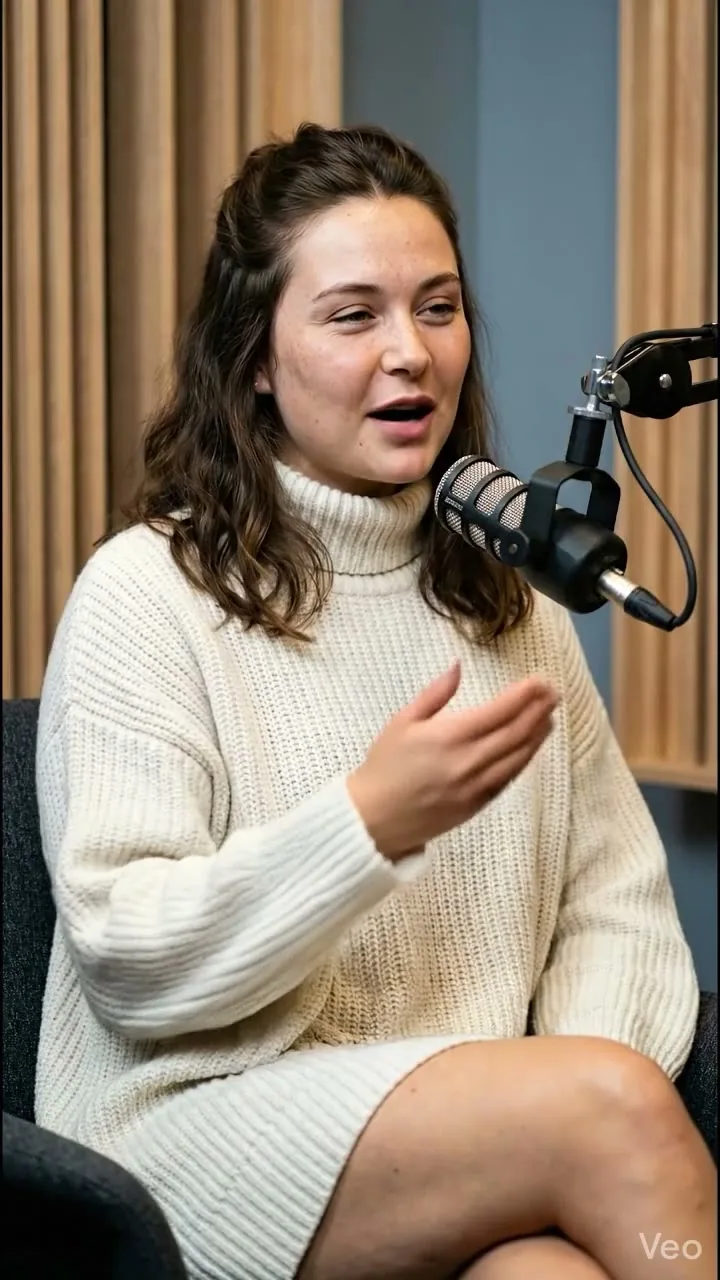 Wirtualna prowadząca w jasnym swetrze przed mikrofonem w studiu podcastowym