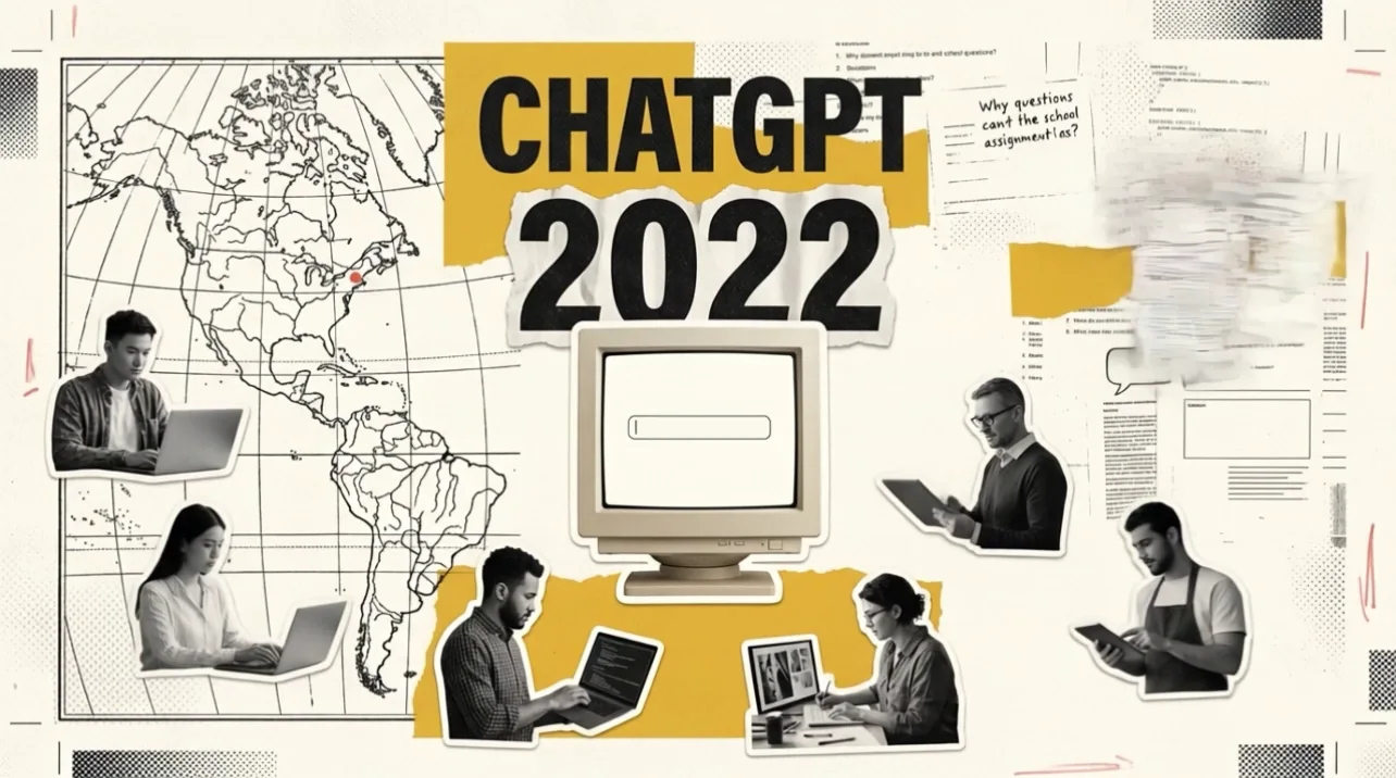 Kadr z filmu o historii OpenAI: kolaż z napisem ChatGPT 2022, mapą świata, komputerem i osobami korzystającymi z technologii